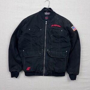 Snap On Black Bomber Jacket Mens American Ingenuity USA Flag Patch Size M
